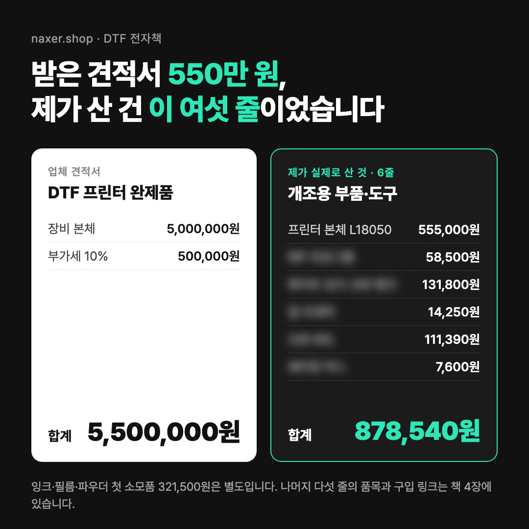 받은 견적서 550만 원과 실제 구매 6줄 합계 878,540원 비교 — 프린터 본체 외 품목은 가림